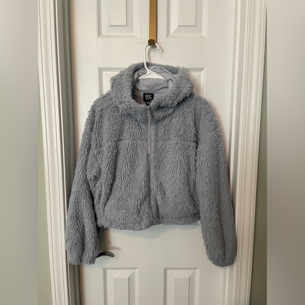 BDG (Urban Outfitters) hooded, cropped teddy jacket. Sherpa. Zip-up. - Picture 3 of 7